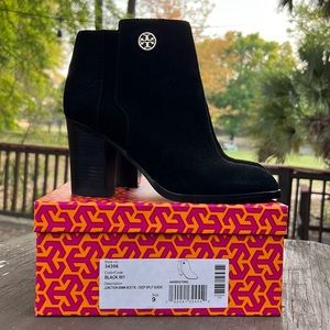 Tory Burch Junction Black 85mm chunky stacked heel bootie black suede leather